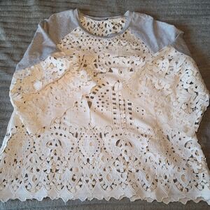 See And Be Seen Women's Tan Lace & Gray Knit Top Size L